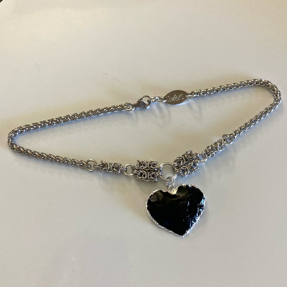 Handmade Genuine black obsidian heart charm maille silver boho choker necklace - Picture 4 of 11